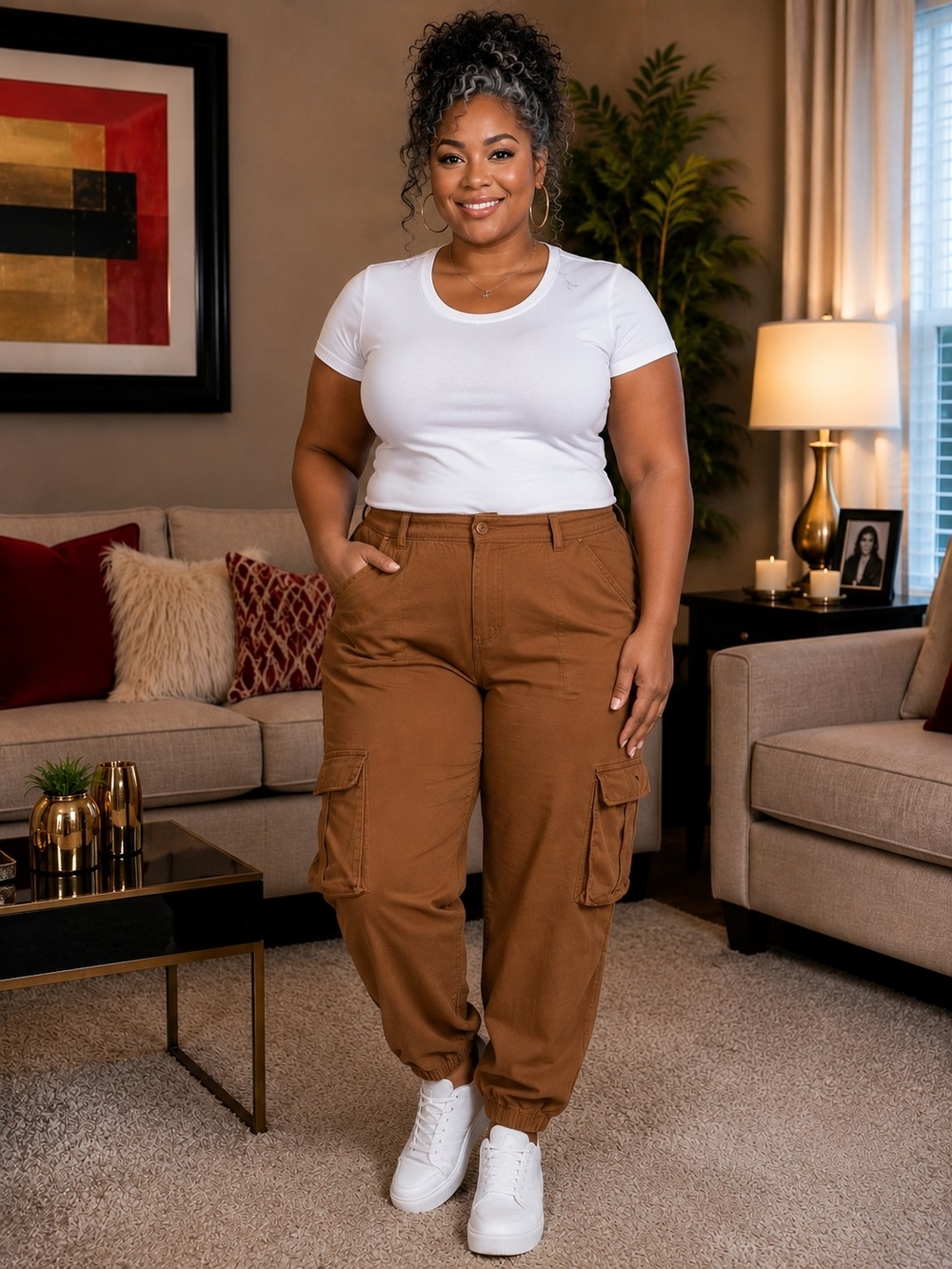 Ashley Stewart Plus-Size Cargo Joggers in Chestnut Brown